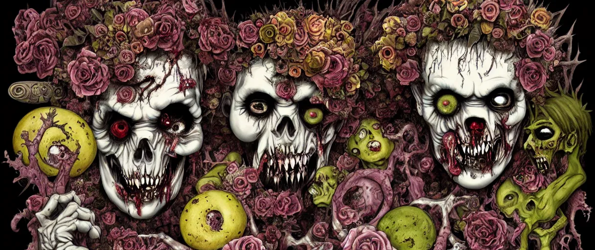 Prompt: zombie, punk rock, young male, grotesque, grotto, multicolored faces, fruit and flowers, gemstones for eyes, botanical, vanitas, sculptural, cartoon style, baroque, rococo, intricate detail, spiral, ornamental, kaleidoscopic, soft, atmospheric, frank frazetta