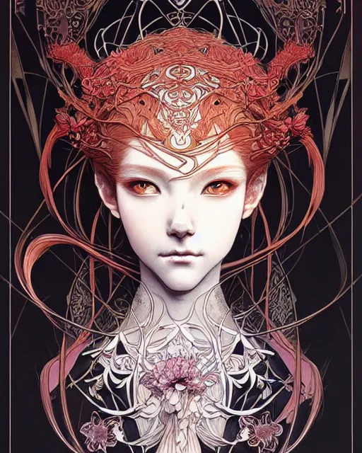 Image similar to Beautiful and playful ethereal ginger portrait, art nouveau, fantasy, intricate flower designs, elegant, highly detailed, sharp focus, art by Tsutomu Nihei, Artgerm and Greg Rutkowski and WLOP