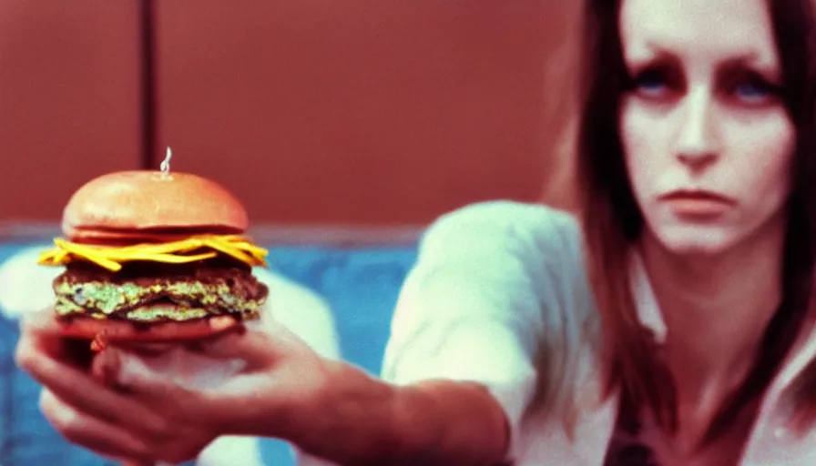 Prompt: 7 0 s film still from a horror movie starring a person with anorexia holding a burger, kodachrome, cinecolor, cinestill, photorealism, cinematic, film grain, film texture, vhs recording