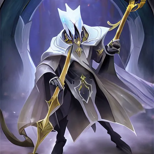 Image similar to Karthus from League of Legends holding a magical staff, laughing, anime art style