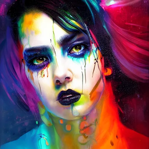 Prompt: cyberpunk goddess wearing a hoodie, black hair, side portrait, striking, defiant, angry, spotlight, vibrant colors, paint splash, beautiful eyes, by marco paludet and gianni strino and marion bolognesi