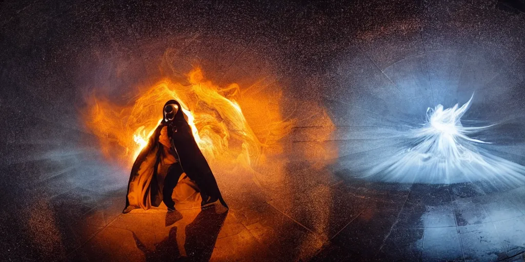 Prompt: VHS music video fisheye slow motion with honeycomb fire and smoke effect through a portal of futuristic break dancer wearing long dark cloak and golden helmet emitting fire and crystals, long exposure shot , enigmatic, at night half submerged by water, paddle of water, steam, fog, water splashes, rim lights, glossy reflections, water droplets on lens, octane render, Volumetric dynamic lighting, stunning cover magazine, high details, hajime sorayama