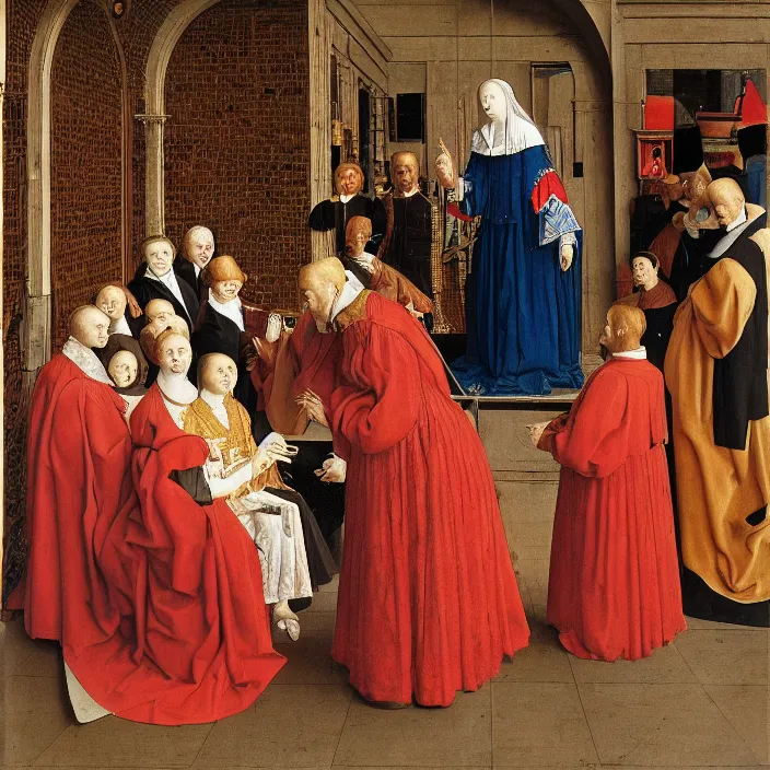 Image similar to a sad woman in a wheelchair surrounded by dancers, by Jan van Eyck