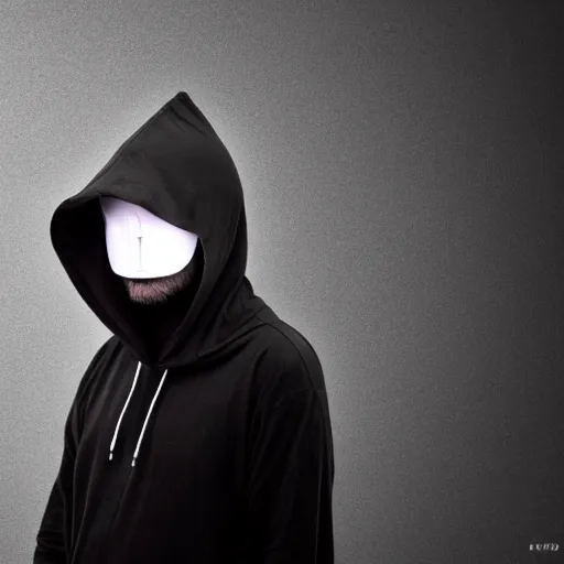 Prompt: realistic photo of hacker in anonymous mask, black, close up, front view, background, hood, extremely detailed, sharp focus, masterpiece,