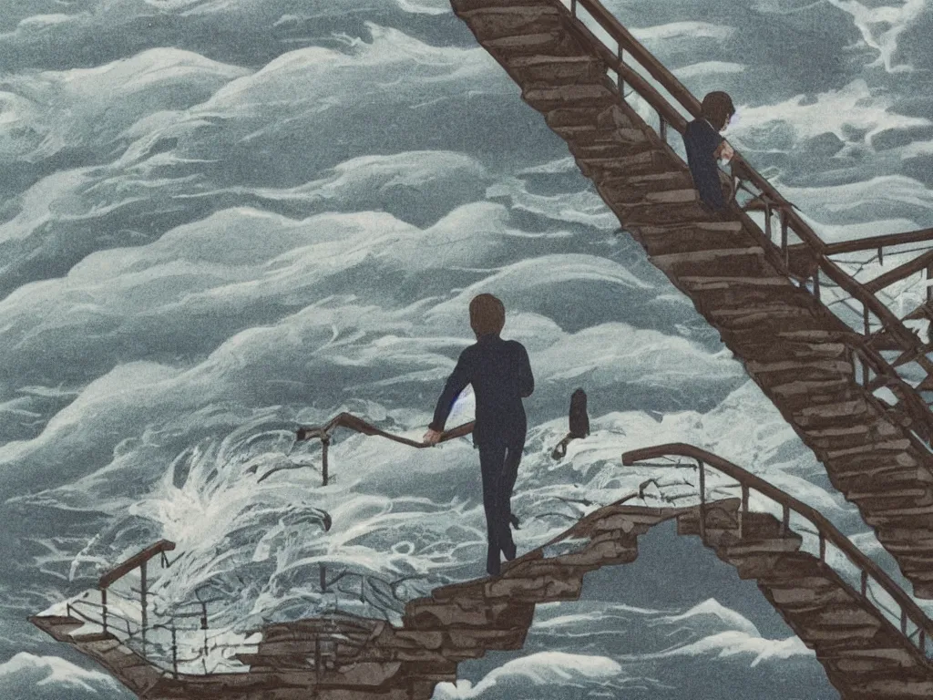 Image similar to lithograph printed in 1976. It depicts a man in an art gallery viewing a print of a seascape. The man's reflection is seen in the print, and the reflection shows the man walking down a staircase. The staircases in the print appear to be infinite, By M. C. Escher, colorized by Hayao Miyazaki