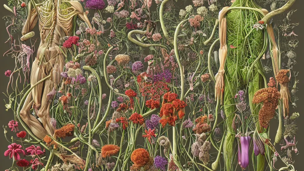 Prompt: highly detailed illustration human anatomy with all the known species of plants and flowers by juan gatti, by moebius!, by oliver vernon