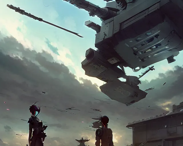 Prompt: Epic scene of a beautiful anime soldier standing in front of a cyborg repair shop, while a futuristic military helicopter flies overhead, by Greg Rutkowski and Krenz Cushart and Pan_Ren_Wei and Hongkun_st and Bo Chen and Enze Fu and WLOP and Alex Chow, Madhouse Inc., anime style, crepuscular rays, set in rainy futuristic cyberpunk Tokyo street, dapped light, dark fantasy, cgsociety, trending on artstation