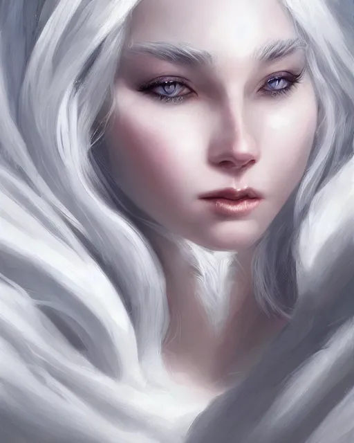 Prompt: portrait of a beautiful snow goddess, flowy white grey hair, grey eyes, cinematic lighting, highly detailed, digital painting, trending on artstation, pixiv, concept art, sharp focus, illustration, art by ross tran and wlop