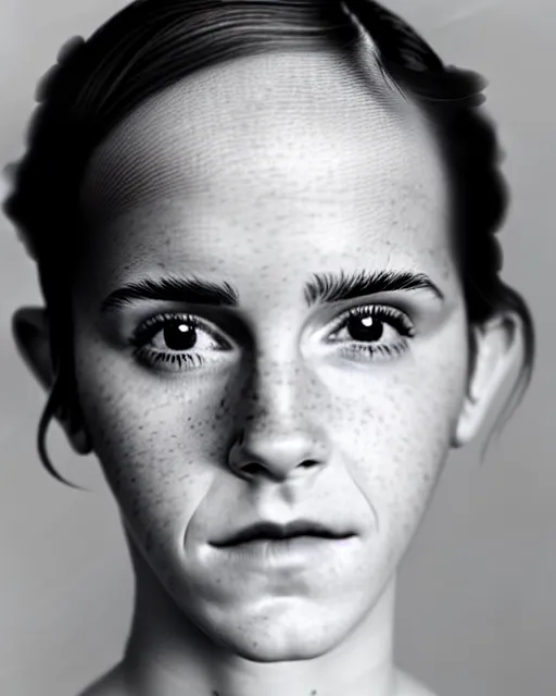 Image similar to symmetrical emma watson portrait cream white background, soft diffused light, bjork aesthetic, translucent, by rineke dijkstra, intricate details, highly detailed, masterpiece,