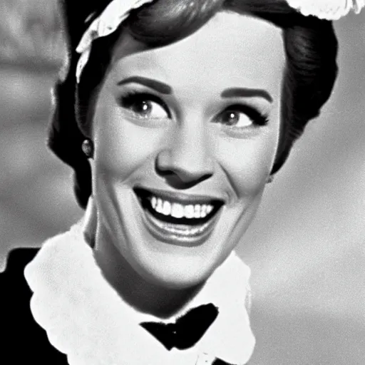 Prompt: Julie Andrews Mary Poppins from Disney 1964 smiling and winking with one eye, Still from Mary Poppins (1964)