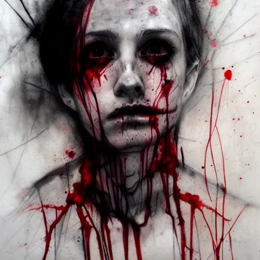 Prompt: Portrait of Belial. fear inspiring mood. by Agnes Cecile but in charcoal and blood. on a pergament parchment.