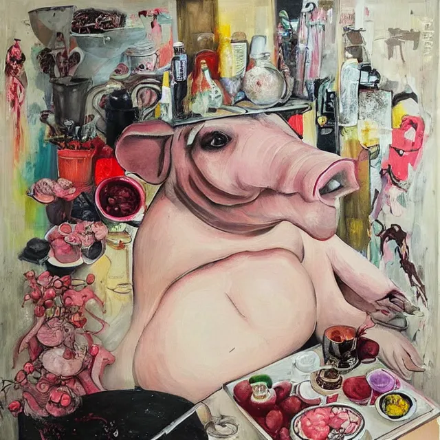 Prompt: “ a portrait in a female art student ’ s apartment, sensual, a pig theme, bathing, pork, art supplies, surgical iv bag, octopus, ikebana, herbs, a candle dripping white wax, japanese pottery, squashed berries, berry juice drips, acrylic and spray paint and oilstick on canvas, surrealism, neoexpressionism ”