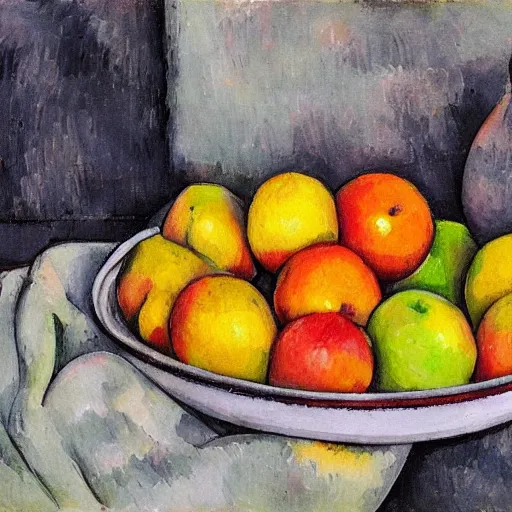 Image similar to a still - life bowl of fruit where every piece if made of a human that looks like a fruit in the style of paul cezanne