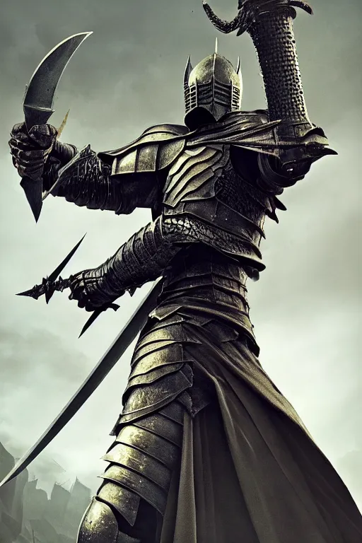 Image similar to dark souls knight holding two swords with each hand, full body, detailed intricate, award winning, highly detailed, sharp focus, cinematic lighting, golden ratio, unreal engine 5, octane render, art by wlop and artgerm and greg rutkowski, masterpiece, trending on artstation, 8 k