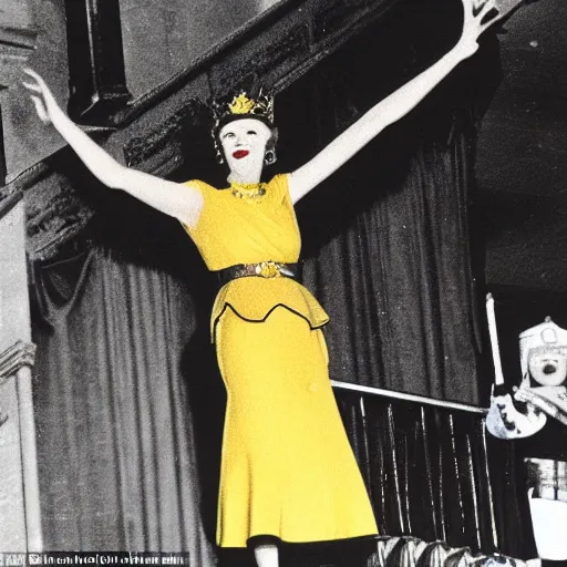 Image similar to a vintage historical fantasy 1 9 3 0 s kodachrome slide german and eastern european mix of the queen of winter and rain is pictured attending a royal tour. she is shown descending a staircase from a luxurious plane, waving to the crowd below. she is donning a pencil skirt and peplum jacket in a yellow and green skirt suit.