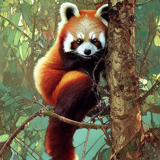 Image similar to cute red panda in a tree, digital art, hyperrealistic, greg rutkowski, alphonse mucha, beautiful