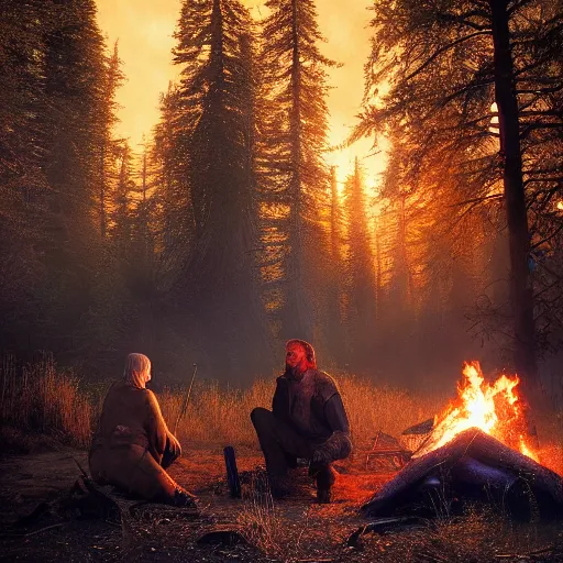 Image similar to closeup photo of stalker and witcher sitting near campfire, by marc adamus, beautiful dramatic lighting