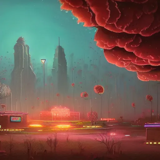 Prompt: beautiful painting of lights and corals blooming in the white mind\'s city in the style of Simon Stålenhag and H. R. Giger, detailed, trending on Artstation