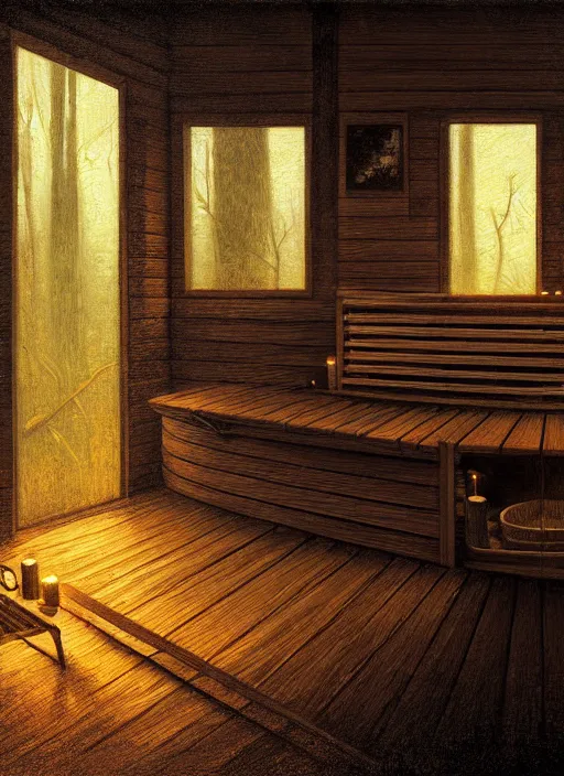 Image similar to finnish sauna, backround dark, highly detailed, digital illustration, trending in artstation, modern painting, smooth, sharp focus, intricate, einar jonsson, ilya repin