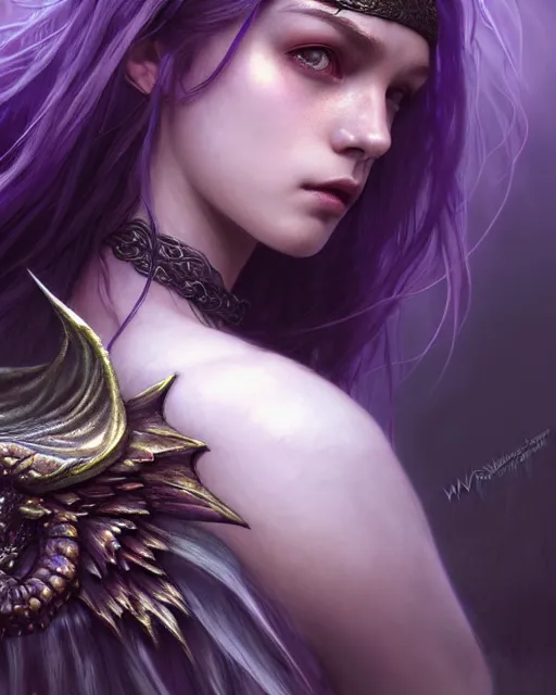 Prompt: cinematic side portrait rugged angel girl, adventurer outfit large cloak, fantasy forest landscape, dragon scales in hair, fantasy magic, undercut hairstyle, short purple black fade hair, dark light night, intricate, elegant, sharp focus, illustration, highly detailed, digital painting, concept art, matte, art by WLOP and Artgerm and Greg Rutkowski and Alphonse Mucha, masterpiece