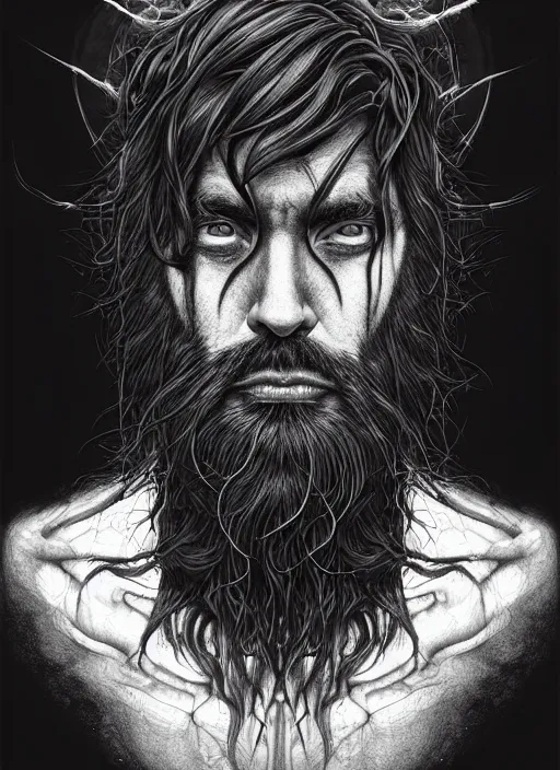 Prompt: a dream portrait of a shy boy with long hair and full beard, black & white, melting, webbing, 8 k, by tristan eaton, stanley artgerm, tom bagshaw, greg rutkowski, carne griffiths, ayami kojima, beksinski, giger, trending on deviantart, face enhance, hyper detailed, minimalist, horror, alien