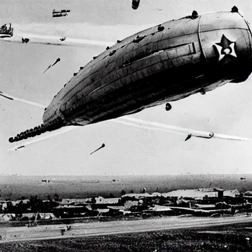 Prompt: ww 2 zeppelin in the sky, huge, firing rockets, bullets, bullet tracers, explosions, war photography