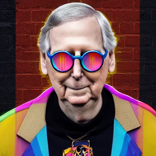 Image similar to senator mitch mcconnell as a soundcloud rapper with face tattoos and gold teeth and rainbow colored hair, profile portrait in front of urban alleyway