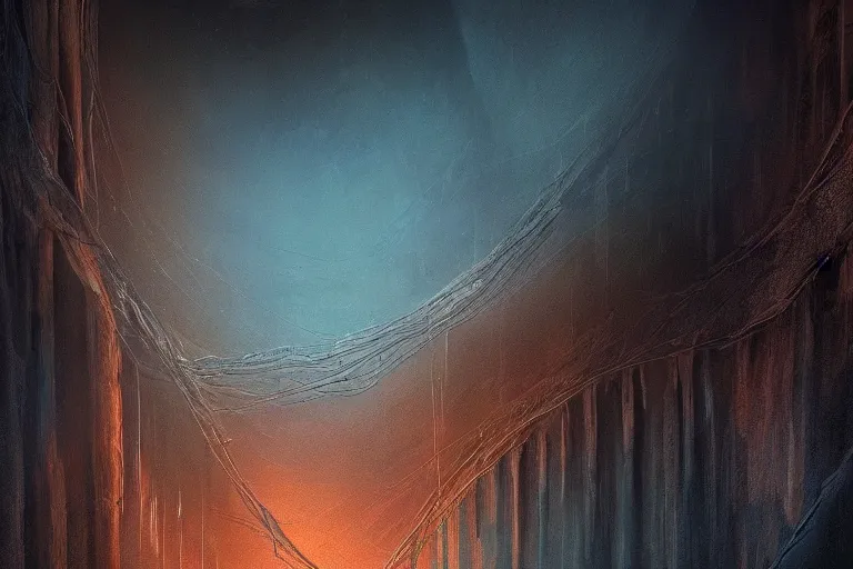 Image similar to ravine of the cry,in the style of Arthur Thomson ATom and Don Maitz,trending on artstation, atmospheric closeup view street art , hyperrealism , movie poster, very very elegant, Chiaroscuro