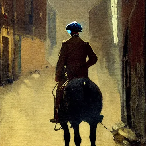 Image similar to painting of a man on a horse in an alleyway, Peaky Blinders (2018), painted by George Bellows