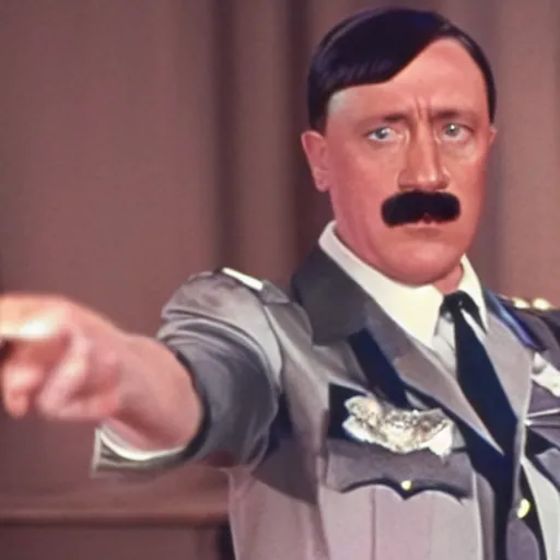 Image similar to A movie still of Hitler wearing a disco suit in Satuday Night Fever