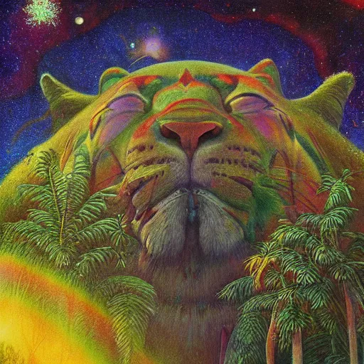 Image similar to psychedelic big cats lush pine forest, outer space, milky way, designed by arnold bocklin, jules bastien - lepage, tarsila do amaral, wayne barlowe and gustave baumann, cheval michael, trending on artstation, star, sharp focus, colorful refracted sparkles and lines, soft light, 8 k 4 k