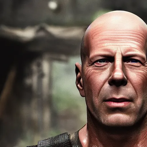 Prompt: Bruce Willis as blacksmith, wet face , heavy rain ,dramatic, intricate, highly detailed, concept art, smooth, sharp focus, illustration, Unreal Engine 5, 8K