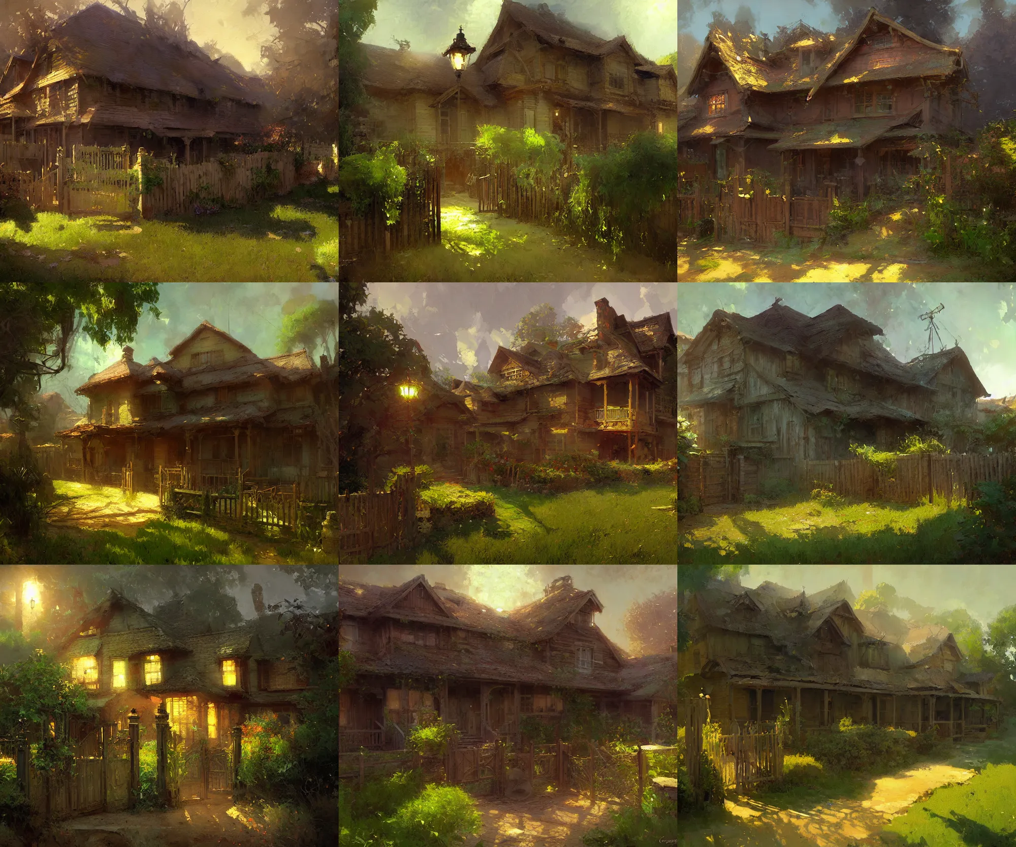 Prompt: front view digital art painting of a typical house with a green yard and a wooden fence by craig mullins and gaston bussiere and greg rutkowski, dramatic lighting, close up