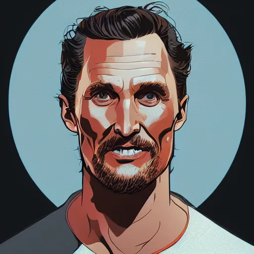 Image similar to a study of cell shaded portrait of matthew mcconaughey concept art, llustration, post grunge, concept art by josan gonzales and wlop, by james jean, Victo ngai, David Rubín, Mike Mignola, Laurie Greasley, highly detailed, sharp focus, alien, Trending on Artstation, HQ, deviantart, art by artgem