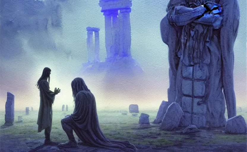 Image similar to a hyperrealist watercolour character concept art portrait of a pagan worshipper kneeling down in prayer in front of a tall elegant lovecraftian alien on a misty night in stone henge. a battlecruiser starship is in the background. by rebecca guay, michael kaluta, charles vess and jean moebius giraud