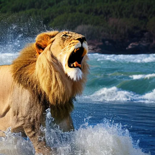 Image similar to a lion's face breaching through a wave