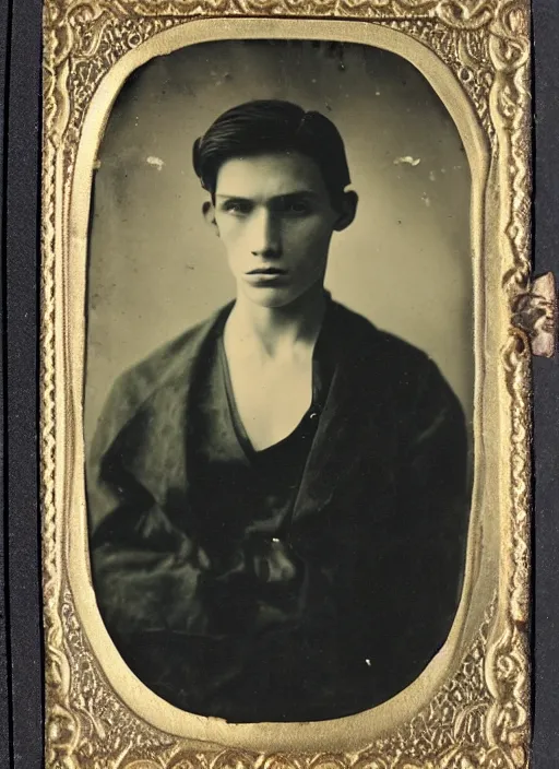 Image similar to tintype photo of alyosha karamazov, handsome innocent young russian man, by julia margaret cameron 1 8 8 0 s, realistic, body shot, sharp focus, 8 k high definition, insanely detailed, intricate, elegant