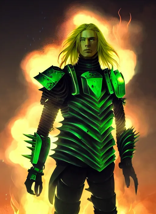 Image similar to a striking cinematic full body manga portrait of a male warrior with long blonde hair and blue eyes wearing evil green spiked cyberpunk armour and standing in the desolate burning ruins of a futuristic city by hirohiko araki and beeple, fine details, digital art, character concept art, volumetric lighting, cinematic light, photorealistic