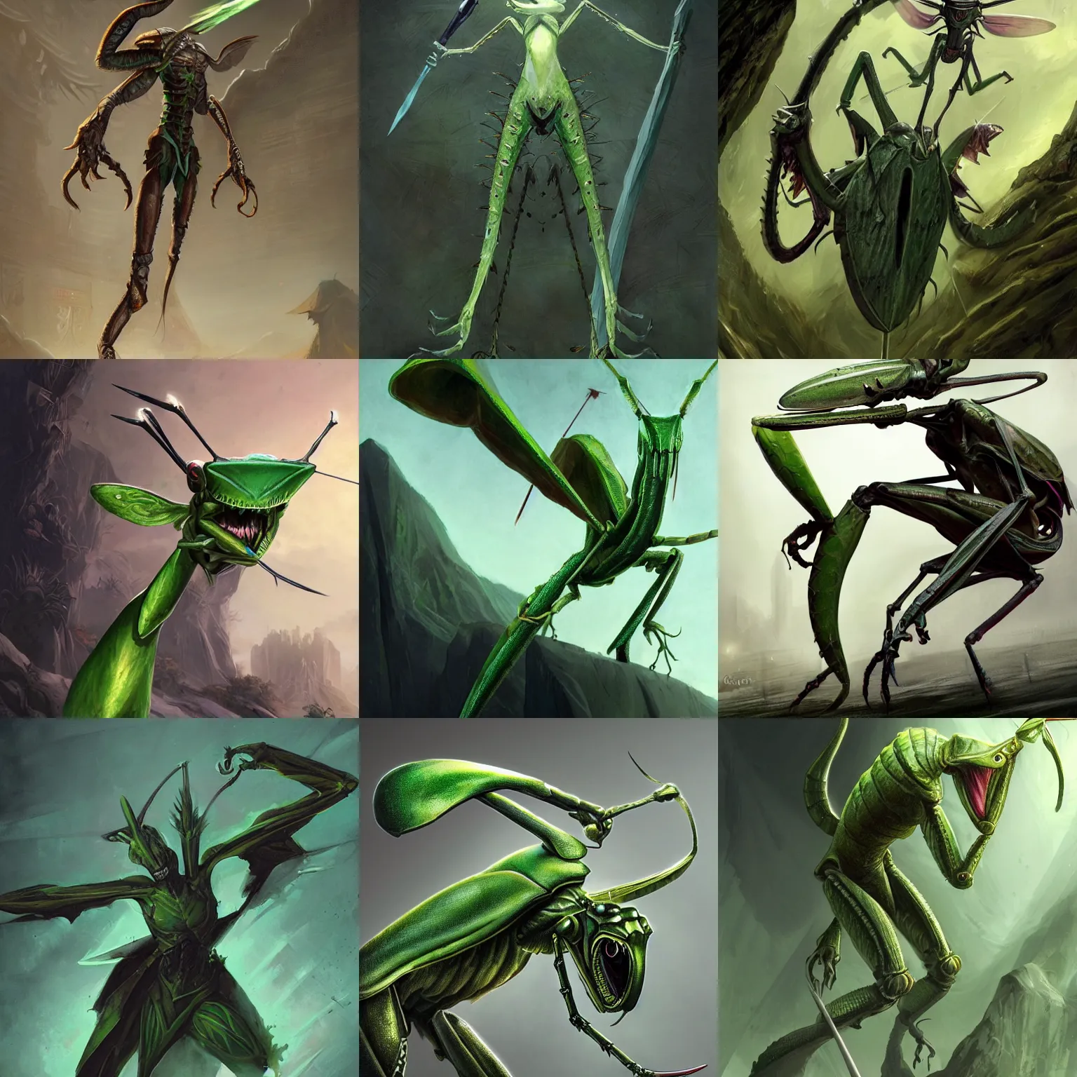 Prompt: epic art of green anthropomorphic mantis religiosa holding an enchanted dagger in powerful front forearms ; hard predatory look ; d & d rogue ; flat triangle - shaped head with antennae ; concept art ; artstation ; 8 k ; wallpapers ; heavy contrast ; cinematic art ; cgsociety ; art by greg rutkowski and artgerm