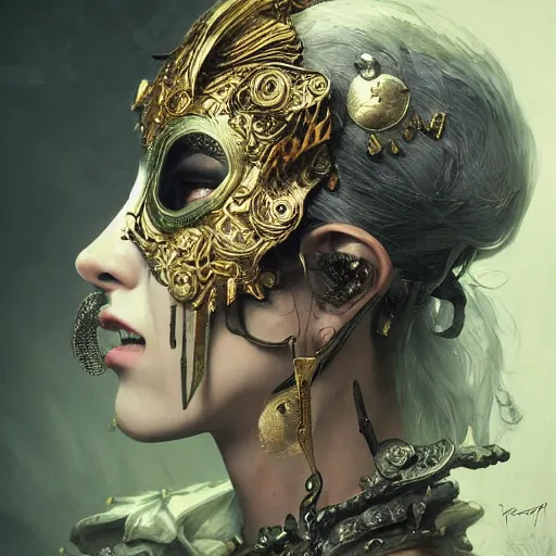 Image similar to Very very very very highly detailed epic central composition studio photography of face with venetian mask, intricate, dystopian, sci-fi, extremely detailed, digital painting, artstation, concept art, smooth, sharp focus, illustration, intimidating lighting, incredible art by Anna Dittmann and Jesper Ejsing and Anton Pieck