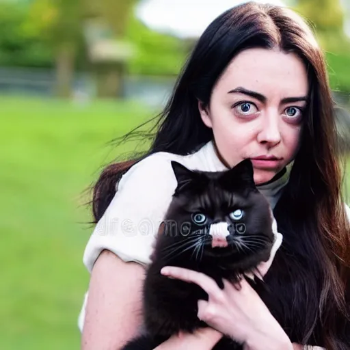 Image similar to a girl with long dark hair, her face is a mix between aubrey plaza, krysten ritter, lucy hale and maisie williams, she is holding a cat in her arms, a stock photo by juan villafuerte, pexels contest winner, high quality photo, rtx, hd, shiny eyes