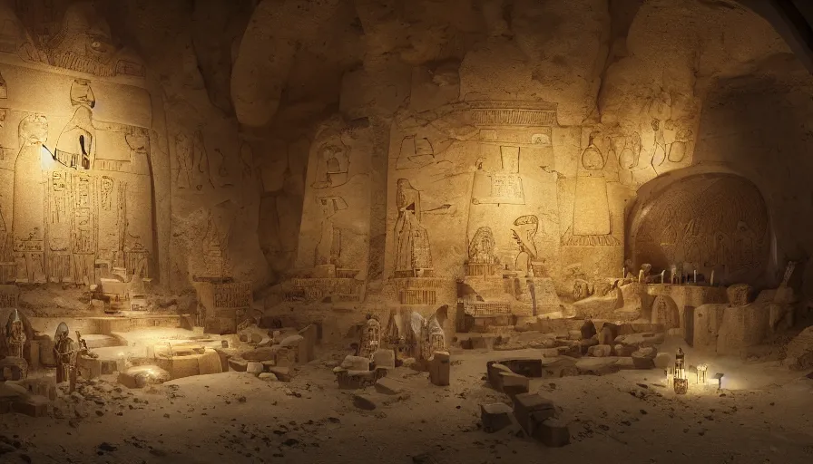 Image similar to egyptian crypt with tons of sand inside and gold coins, treasures, hyperdetailed, artstation, cgsociety, 8 k