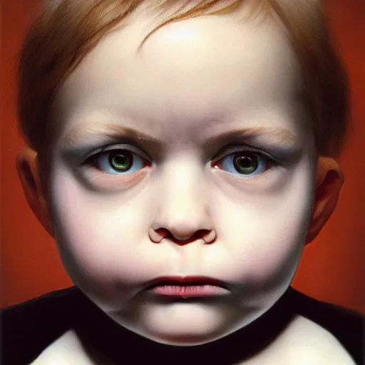 Image similar to high quality high detail portrait by gottfried helnwein, hd, intense unsettling look in the eyes, photorealistic lighting