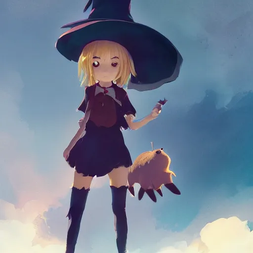 Image similar to full body portrait character concept art, anime key visual of a little witch with her capybara mascot, cinematic lighting, dramatic atmosphere, by dustin nguyen, akihiko yoshida, greg tocchini, greg rutkowski, cliff chiang, 4 k resolution, octane render