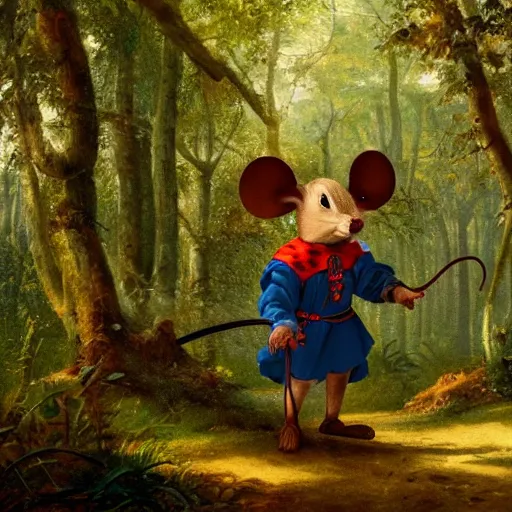 Image similar to an adventurous anthropomorphic mouse wearing medieval clothing walking through a lush forest, vasnetsov, 4k resolution