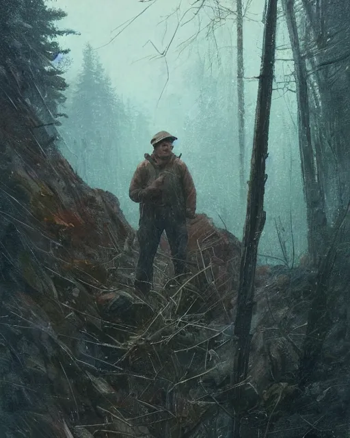 Prompt: a highly detailed epic cinematic concept art CG render digital painting artwork: Railroad worker in Siberian forest. By Greg Rutkowski, in the style of Francis Bacon and Syd Mead and Norman Rockwell and Beksinski, open ceiling, highly detailed, painted by Francis Bacon and Edward Hopper, painted by James Gilleard, surrealism, airbrush, Ilya Kuvshinov, WLOP, Stanley Artgerm, very coherent, triadic color scheme, art by Takato Yamamoto and James Jean