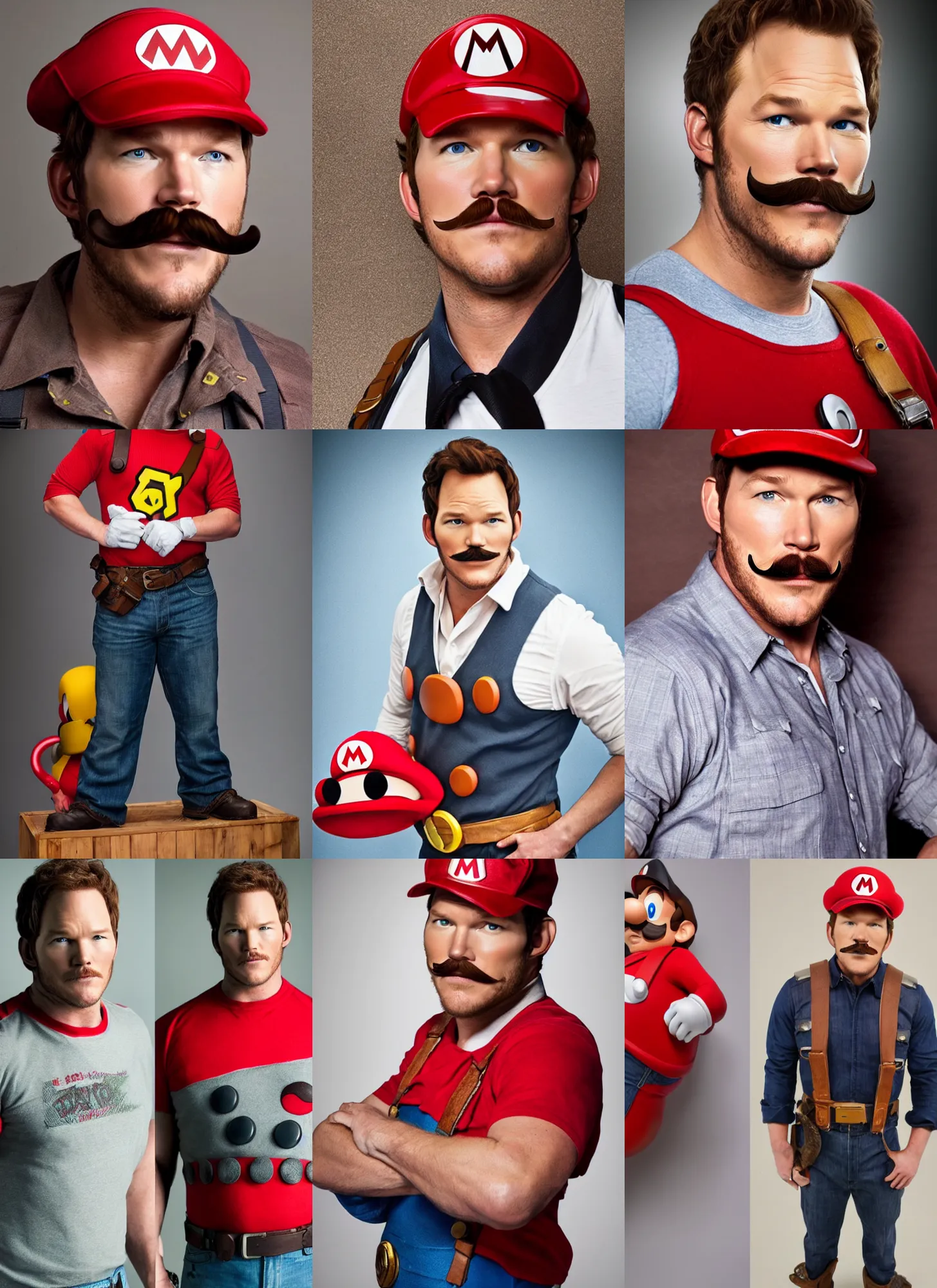 Image similar to chris pratt with a mustache dressed as mario, cosplay, detailed face, promo shoot, studio lighting