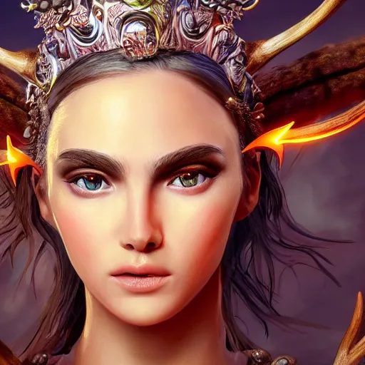 Prompt: highly detailed close up portrait of Artemis, goddess of the hunt and the moon, wearing a crown made of antlers, cinematic lightning, bright colors, intricate, masterpiece, photorealistic, hiperrealistic, sharp focus, high contrast, Artstation HQ, DeviantArt trending, 4k UHD, Unreal Engine 5