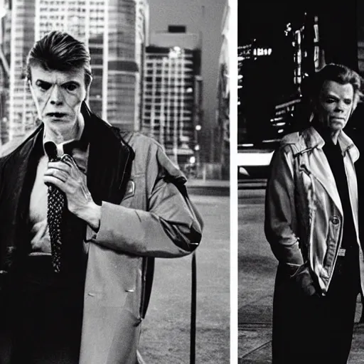 Prompt: David bowie and Michael c hall standing in the streets, nightlife, cityscape, surrealist