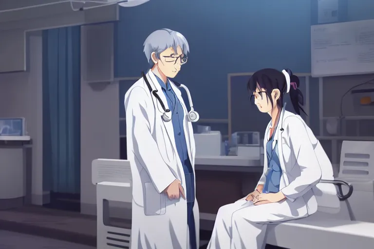 Image similar to a cute young female doctor wearing white coat are talking with an old surgeon in a hospital, slice of life anime, lighting, 8 k, hd, anime scenery by makoto shinkai